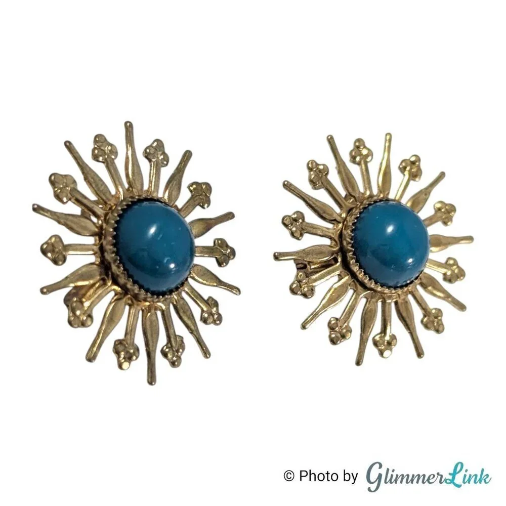 Vintage Starburst Scatter Brooch Set Gold Tone with Blue Cabochons Set of 2